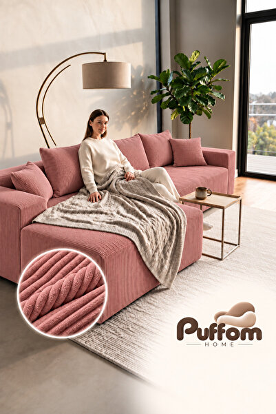 Puffom Home LİVA Sağ Köşe Koltuk, Fitilli Kadife Silinebilir Kumaş
