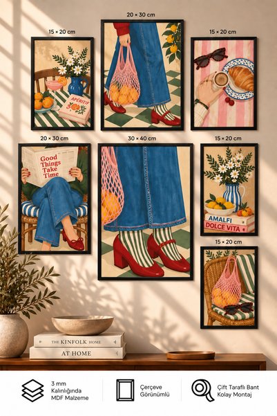UNT 7'li Çerçeve Görünümlü Modern Tablo Seti | Retro & Pop Art | Salon, Ofis,...