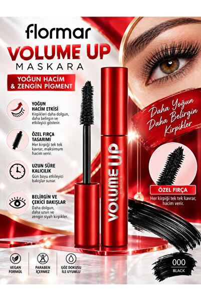 Flormar Volume Up Maskara 12 ml – Yoğun Siyah Pigmentli Hacim Veren Kirpik Ma...