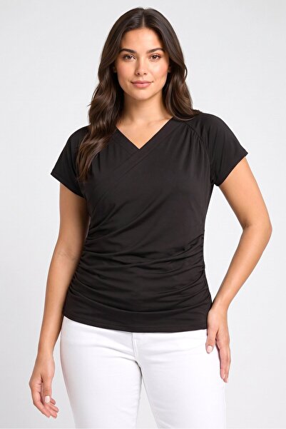 The Giving Movement Women Surplice Neck Short Sleeve Plain Top, Black