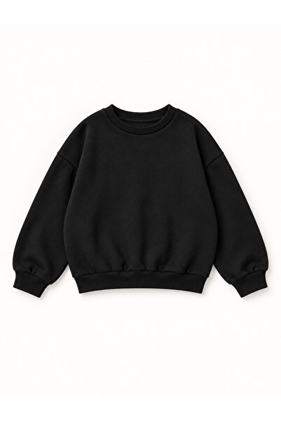 cc collection Çocuk Siyah Düz Bisiklet Yaka Rahat Kalıp Sweatshirt