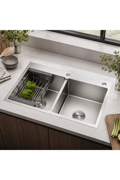 Wonderful-kitchens حوض مطبخ مقاس 82*45 سم حوضين فضي نانو - ستانلس ستيل 304