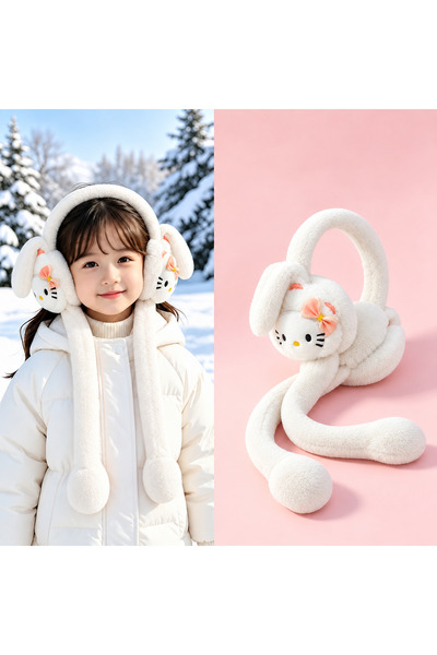 synshop Slatka mačka Hello Kitty, bela plišana zimska kapa za devojčice sa po...