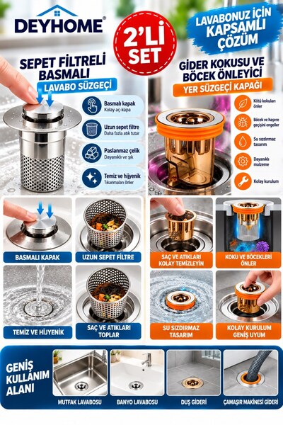 DEYHOME 2-Piece Drain Protection Set – Push-Type Sink Strainer with Basket Fi...