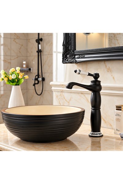 RENA DESIGN Rustic Black Bowl Sink Faucet Bathroom High Tap Porcelain Processing Fixture Authentic Retro