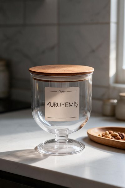 zezedesing Wooden Lid Nut Storage Jar 1500 ml – Transparent Hard Plastic Footed Snack and Dry Food Jar 18X14 cm