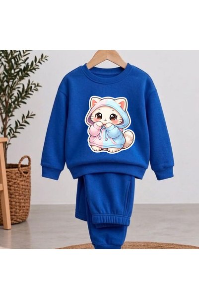 playwear سترة رياضية مطبوعة على شكل قطة للفتيات والأولاد برقبة دائرية
