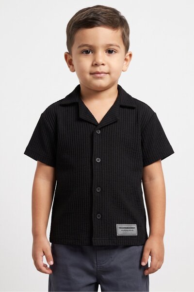 The Giving Movement Toddlers Boy Spread Collar Short Sleeve Plain Shirt, Black