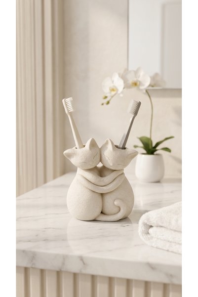 the mr east Sarılan Kedi Figürlü Diş Fırçalık 13x13 cm PLA Bio-Plastik Çift Bölmeli Tezgah Üstü Banyo Düzenleyici ve Dekoratif Stand