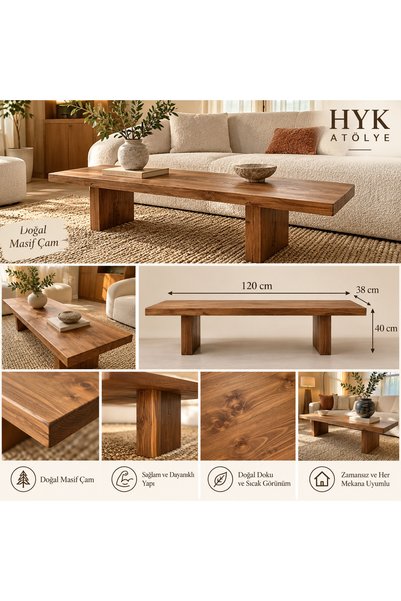 HYK %100 Doğal Masif Çam Orta Sehpa – 120 × 38 × 40 cm Ceviz Kestane Meşe Ren...