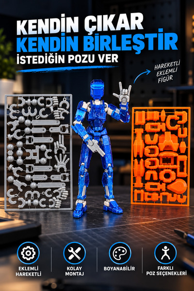Dummy 13 Eklemli Robot Figür Seti – Kendin Birleştir, Hareketli Poz Verilebilir Boyanabilir 3D Hobi Oyuncağı
