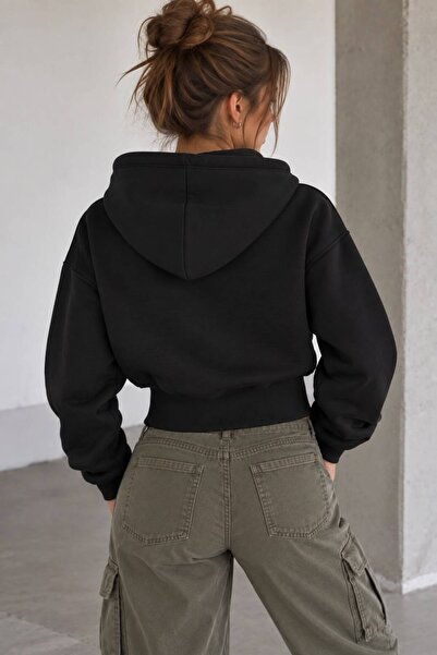trendgar Siyah Çift yönlü fermuar Detaylı Kapüşonlu sweatshirt