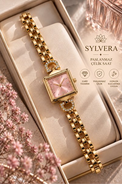 Sylvera Shop ساعة يد بتصميم مربع ومينا وردي اللون مع سلسلة مزينة بالأحجار وحز...