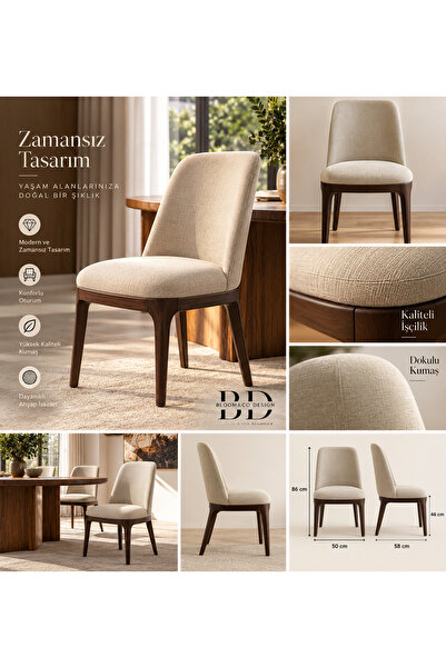Bloom&Co Design Liva Krem Bej Dokulu Kumaş Döşemeli Ahşap Ayaklı Modern Yemek...