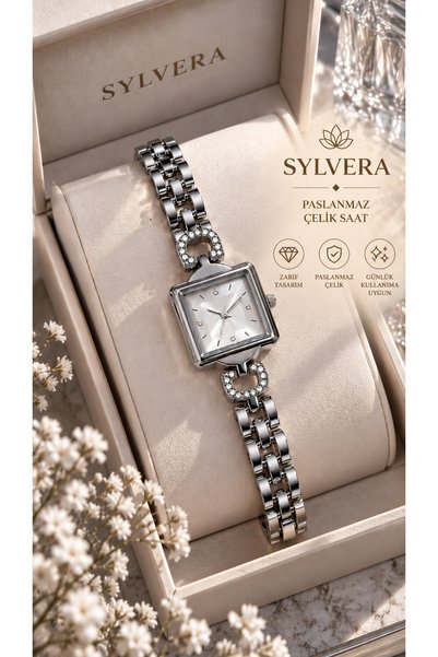 Sylvera Shop Square Design White Dial Stone Detailed Chain Cord Steel Wristwa...