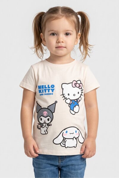 SANRIO Toddlers Girl Crew Neck Short Sleeve Hello Kitty Print T-Shirt, Cream
