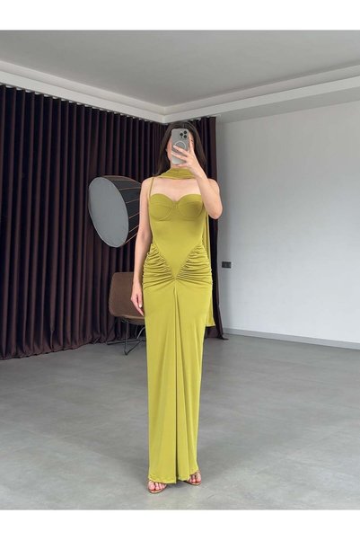 Balbe Fashion Yağ Yeşili Şal Detaylı Maxi Elbise