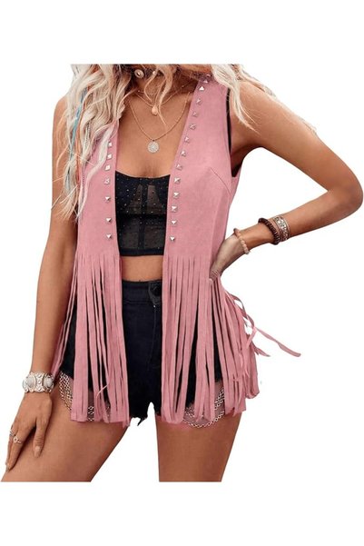 GENERAL Women Rivet Tassel Vest Open Front Sleeveless Faux Suede Western Cowg...