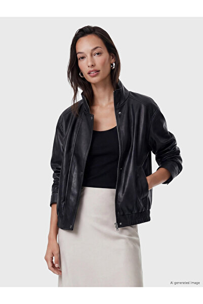 LC Waikiki LCW EVERYDAY Μαύρο Πουκάμισο με Γιακά Γυναικείο Δερμάτινο Μπουφάν