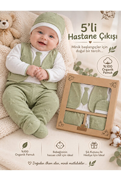 EMSTA BABY 5-Piece Newborn Hospital Discharge Baby Set with Tie and Star Patt...