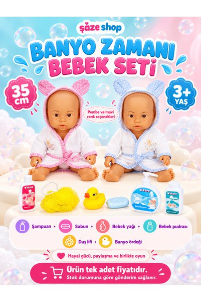 SAZE Banyo Zamanı Bebek Seti 35 cm – Bornozlu Aksesuarlı Oyuncak Bebek Bakım ...