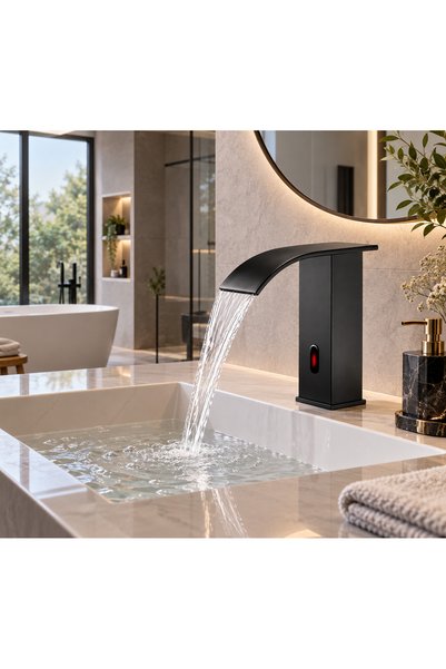RENA DESIGN Black Square Sink Faucet with Photocell Sensor, Touchless Automatic Saving Water Modern Faucet