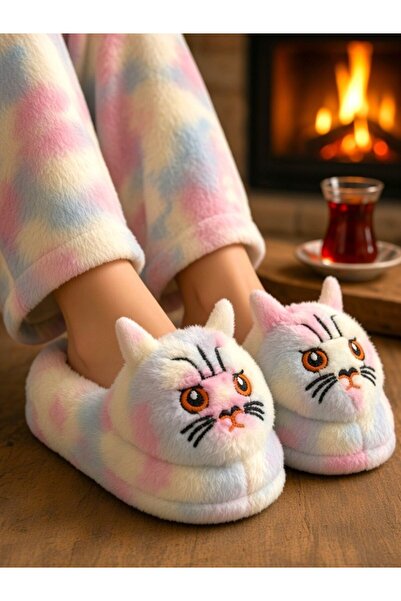 MARKABONİ Children's Soft Animal Cat Figure Slippers Home Shoes