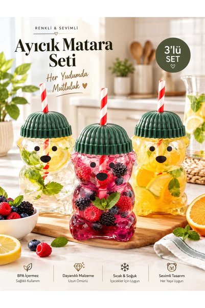 Glass&Grace 3'lü Barista Ayıcık Figürlü 550 ML Cam Soğuk İçecek Bardağı – Pip...