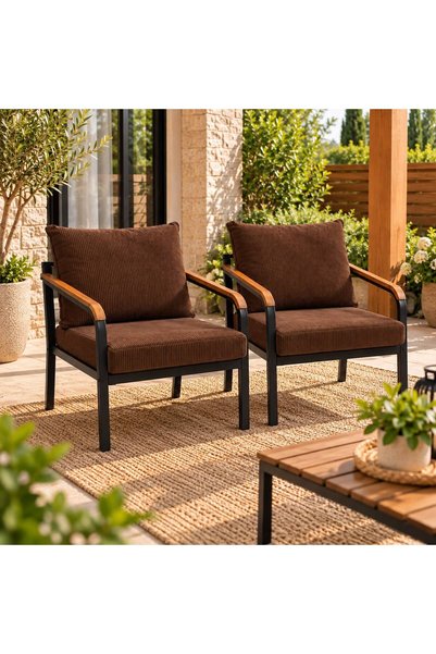 Modern Style Home 2'li Tekli Bahçe Koltuğu Seti – Fitilli Minderli Metal Balkon Teras Oturma Grubu
