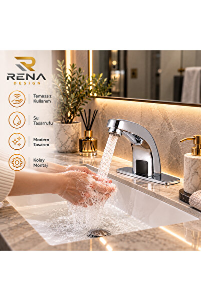 RENA DESIGN FOTOSELLİ SENSÖRLÜ KROM LAVABO BATARYASI TEMASSIZ OTOMATIK TASARR...