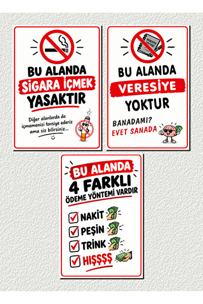 HAYAL ODASI STORE 3'lü Komik Esnaf Dükkan Yazıları MDF Tablo Seti 20x29 cm Çi...