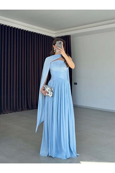 Balbe Fashion Mirella Şal Detaylı Piliseli Abiye Elbise- Bebe Mavi