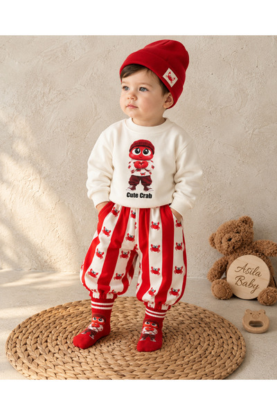 Asila Baby Star ve Yengeç Baskılı Çizgili Pantolon Sweatshirt Çorap ve Bere 4...