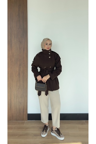 MERETTO By Akıl Women's Belted Stand Collar Stylish Trench Coat