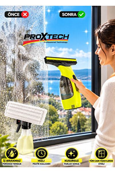 PROXTECH Yeni Nesil Turbo Vakumlu Akülü Kablosuz Cam Temizleme Makinesi Sprey Seti