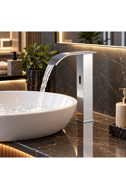 RENA DESIGN Chrome Square Bowl Sink Faucet with Photocell Sensor, Touchless Automatic Saving Water Modern Faucet