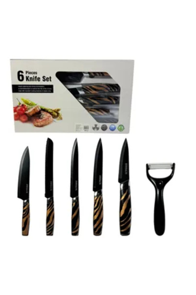 Generic Brand 6-piece kitchen knife set with peeler, black blades and decorat...