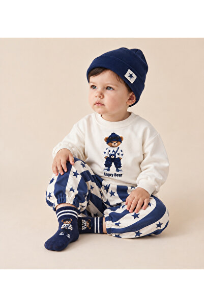 Asila Baby Star ve Yengeç Baskılı Çizgili Pantolon Sweatshirt Çorap ve Bere 4...