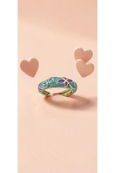 ahsenaksesuar2025 Turquoise Purple Flower and Curl Pattern Enamel Adjustable ...