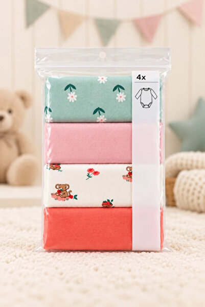Tuğra Bebe 4-Piece Long Sleeve Baby Bodysuit Set, 100% Cotton Snap-On Bodysuit