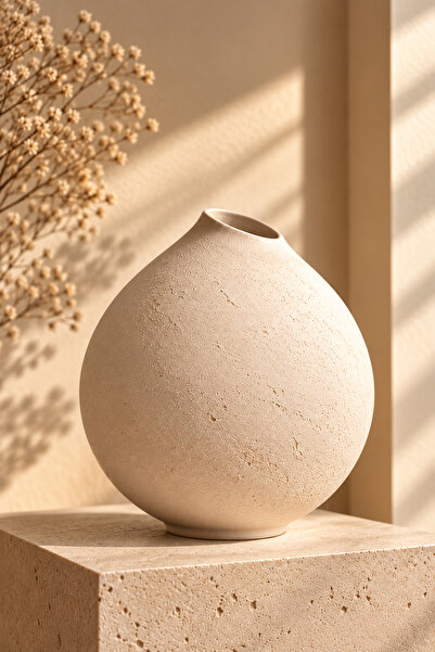 Lui Tasarım Dokulu | Vazo | Modern | Stonware |Dekoratif |Zarif | Krem Rengi |Seramik |Valeria Vazo 26* Cm