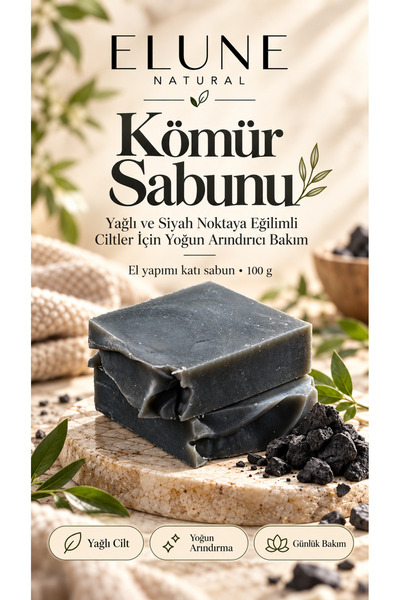 Elune Natural Kömür Sabunu | Yağlı ve Siyah Noktaya Eğilimli Ciltler İçin Yoğ...