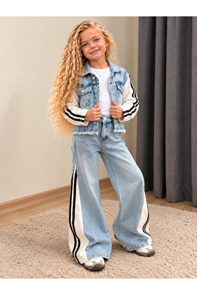 KOKOŞ BEBEK Girl's Striped Denim Jacket 3-Piece Set Basic Badi Wide Leg Denim...