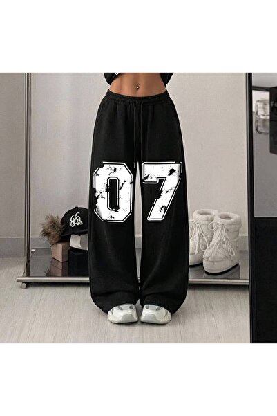 JANTIL MODA 3 Threaded High Waist 07 Number Printed Unisex Black Sweatpants