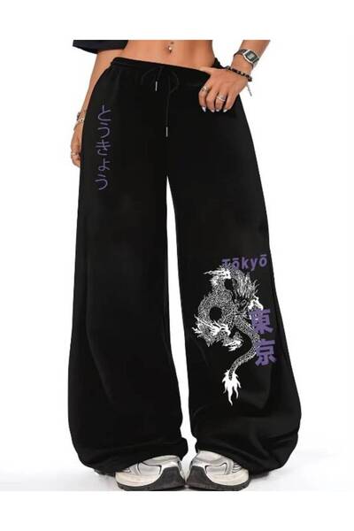 JANTIL MODA 3 Threaded High Waist Dragon and Japanese Text Printed Unisex Bla...
