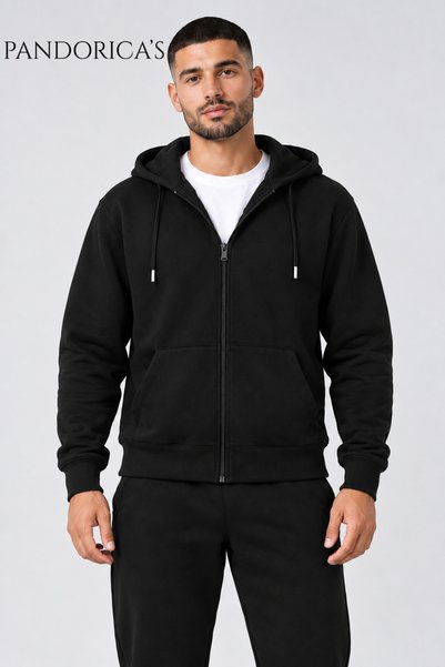 PANDORICA Unisex Black Zippered Hooded Cardigan 100% Cotton 3 Yarns Seasonal/Winter