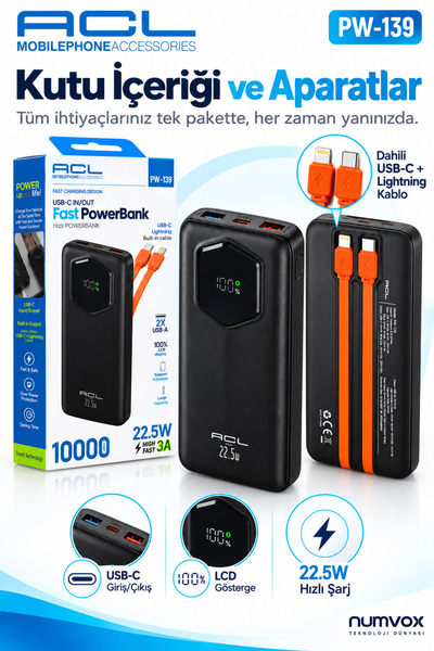 PW-139 10000 mAh 2XUsb 1XPd Hızlı Şarj 22.5W Type-C Lightning Powerbank