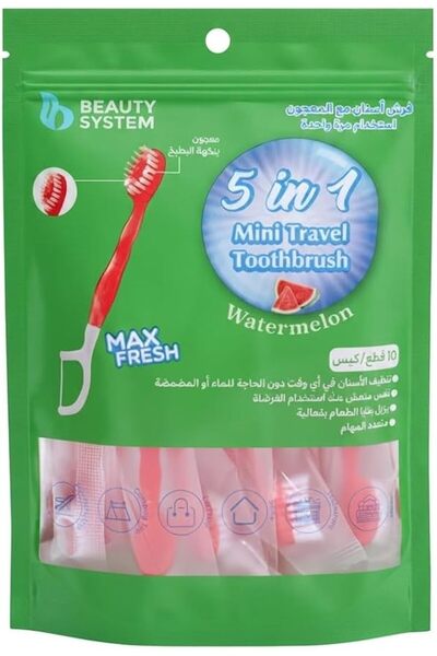 BEAUTY SYSTEM فرشاة أسنان صغيرة للسفر 5 في 1، بتصميم البطيخ، مع معجون وخيط أس...