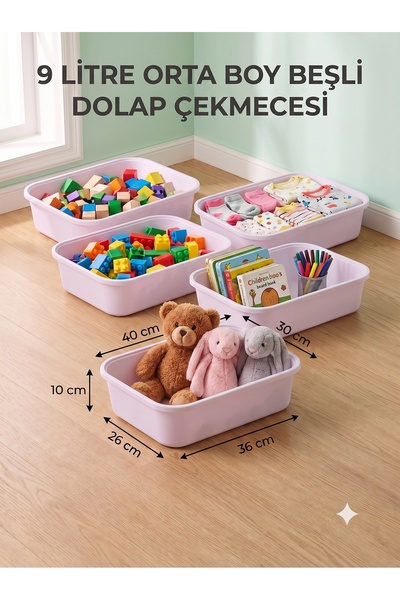 decosense 5 Adet Lila Orta Boy 9 Litre 40x30x10 cm Oyuncak Dolabı Çekmecesi
