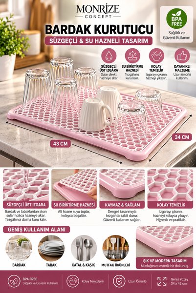 Monrize Concept Süzgeçli Bardak Kurutucu 43x34 cm Su Hazneli Plastik Bulaşık ...